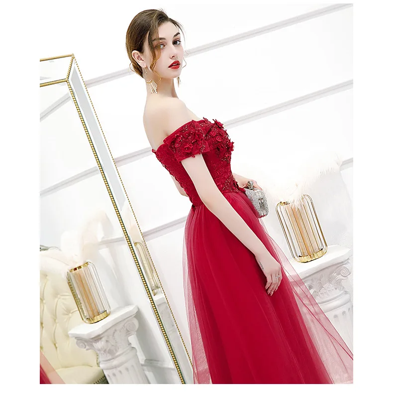 

Vintage Wine Red Boat Neck Lace Evening Dresses Pregnant Women High Waist Applique Evening Gown Bride Toast Dress Robe De Soiree