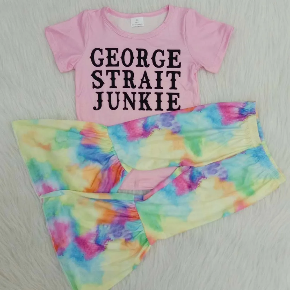 

Красочный Наряд для девочек в стиле Tie Dye с колокольчиками, детская одежда, весна-лето, комплекты одежды с коротким рукавом, розовые рубашки с...