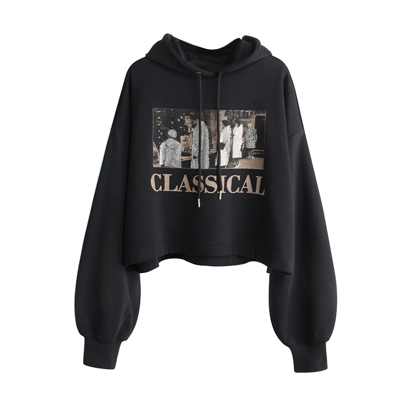 

2020 Autumn and Winter New Korean Hooded Sweatshirts Women's Short Thickened Hoodie Coat Loose Printed Hooded Jacket Plus Velvet