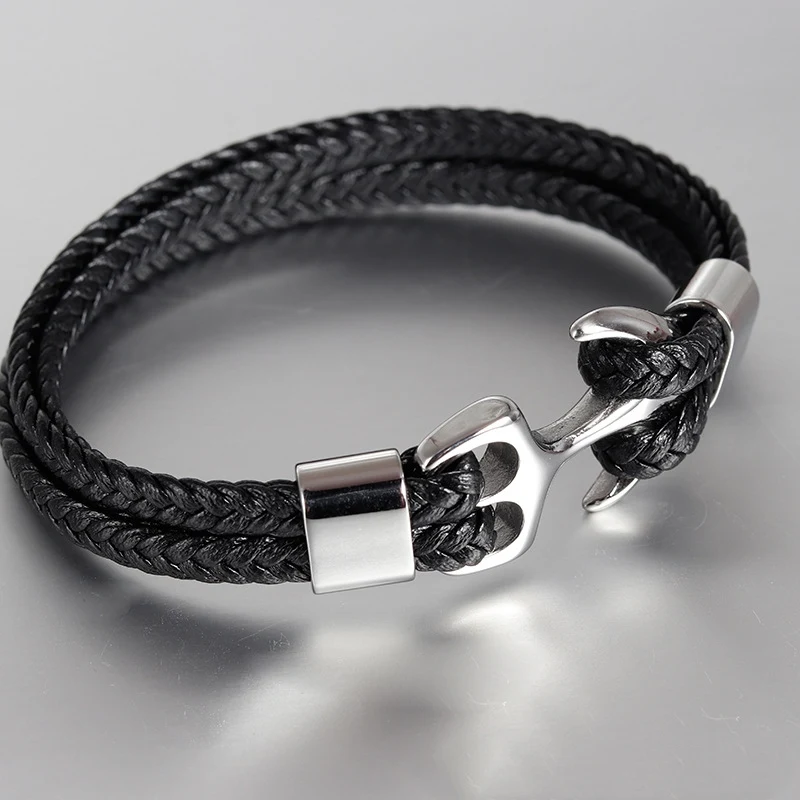 

High Quality Men's Titanium Steel Bracelet Black Personality Leather Woven Anchor Leather Bracelet Rope Bracelet For Men Gift