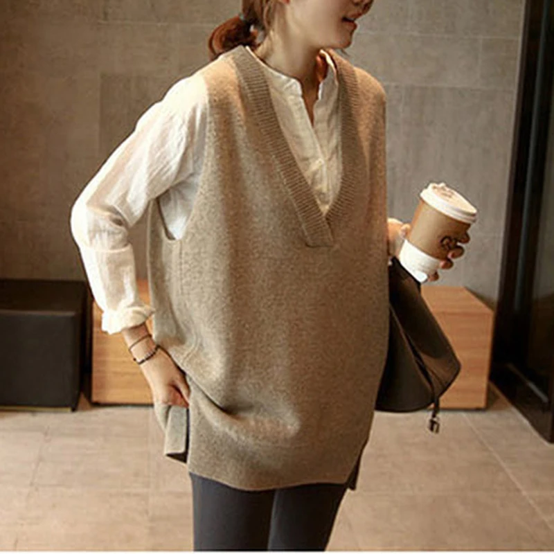 Пуловер женский Осень-зима вязаный без рукавов с V-образным вырезом теплый