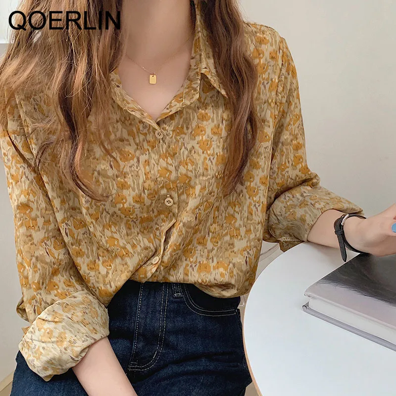 

Retro Floral Lapel Shirt 2021 Spring New Korean French Loose Blouse Women Single Breasted Yellow Flower Chic Streetwear Outfits