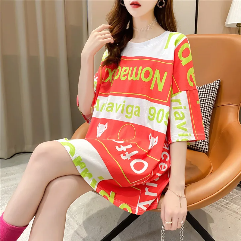 

HLM Letter Print Loose Tshirt Women Half-Sleeved Harajuku Style Casual T shirt Street Fashion Plus Size Girl Tops
