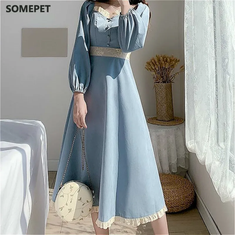 

Long Sleeve Dress Women Vintage Autumn Lovely BF Empire Ladies A-Line Vestidos Blue Holiday Sweet New Lace Patchwork Puff Sleeve