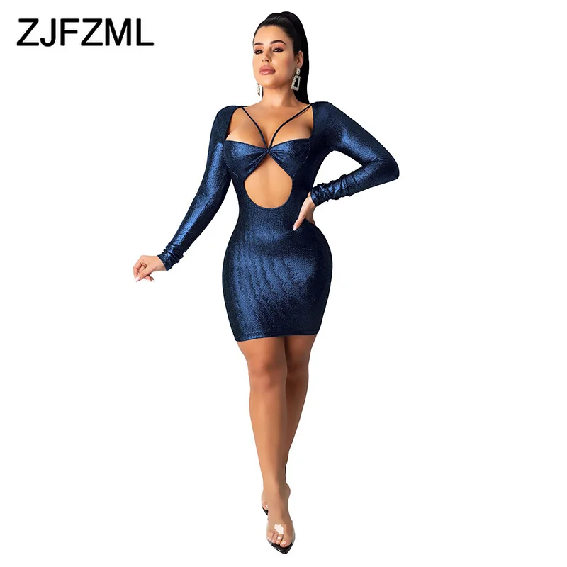 Привлекательный передний вырезать блесток платье Для женщин с длинным рукавом