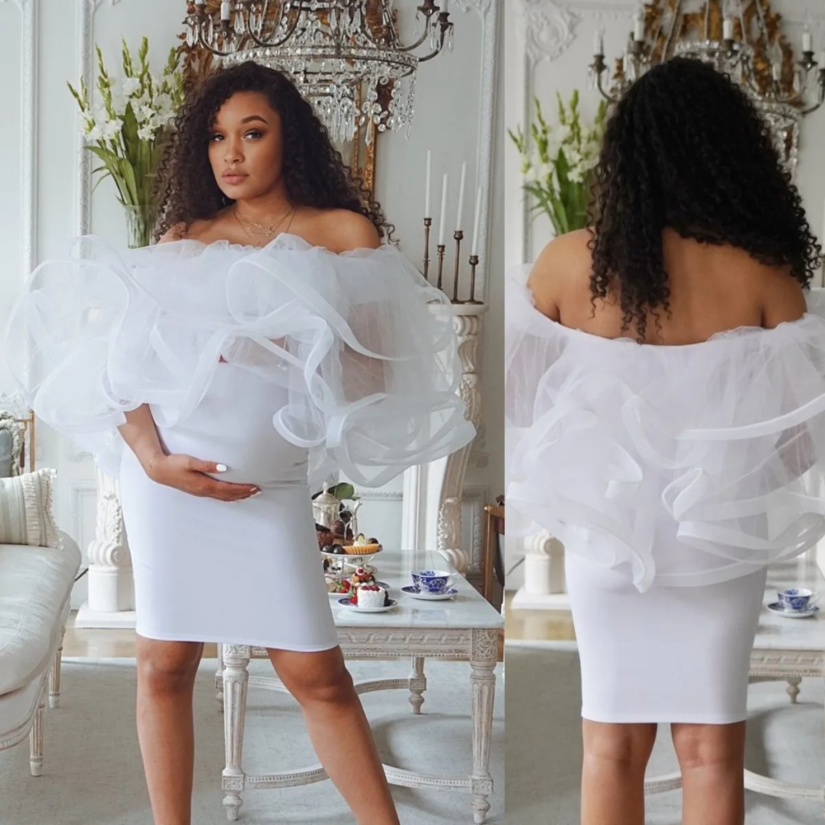 

Белое Тюлевое мини-платье с открытыми плечами для беременных, одежда для пола