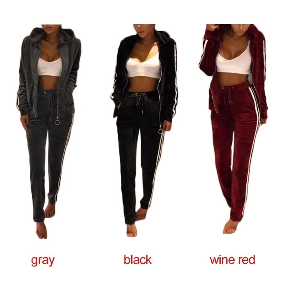 

ZOGAA Womens Tracksuit Two Piece Set Velvet Long Sleeve Zipper Hooded Tops With Pants Set Sweat Suit Women Zipper