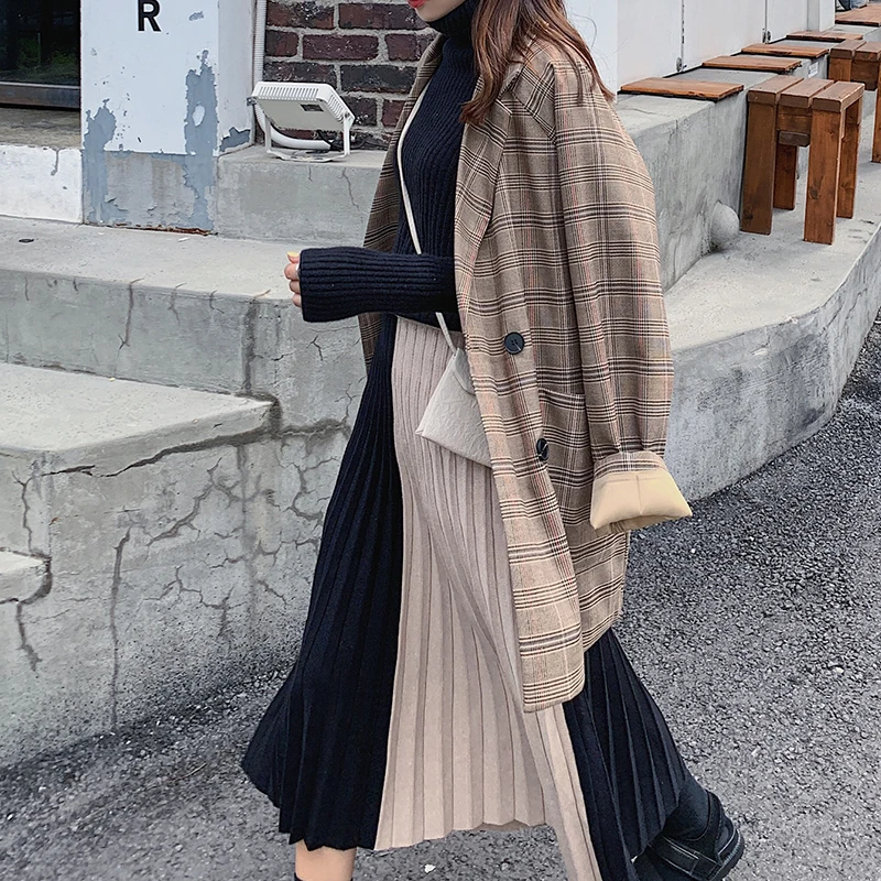 KINOMI зимняя женская вязаная плиссированная длинная юбка цветная Лоскутная с