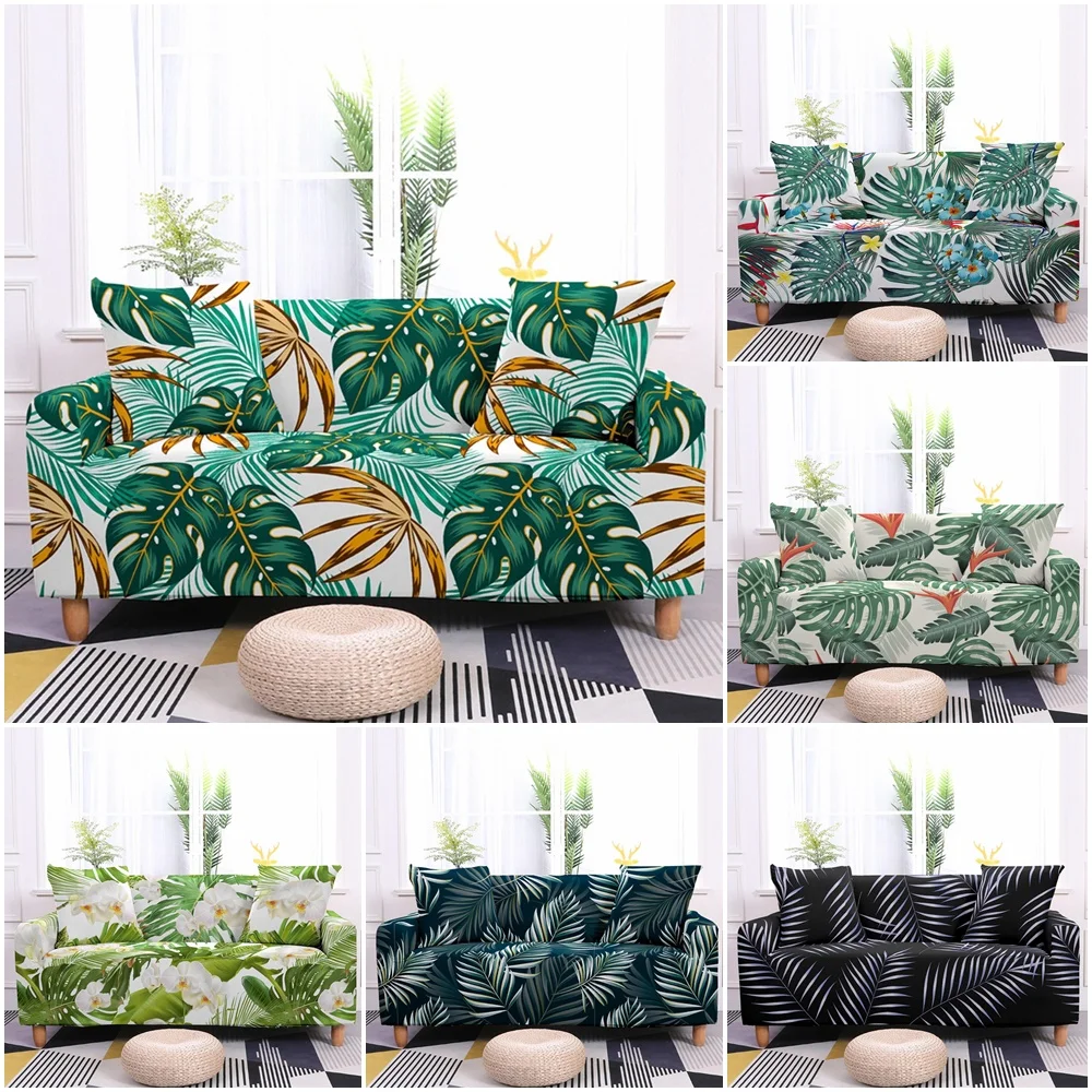 

Tropical Plant Floral Elastic Sofa Covers Corner Green Leaves Stretch Couch Cover Sectional Armchair Slipcovers 1/2/3/4 Seaters