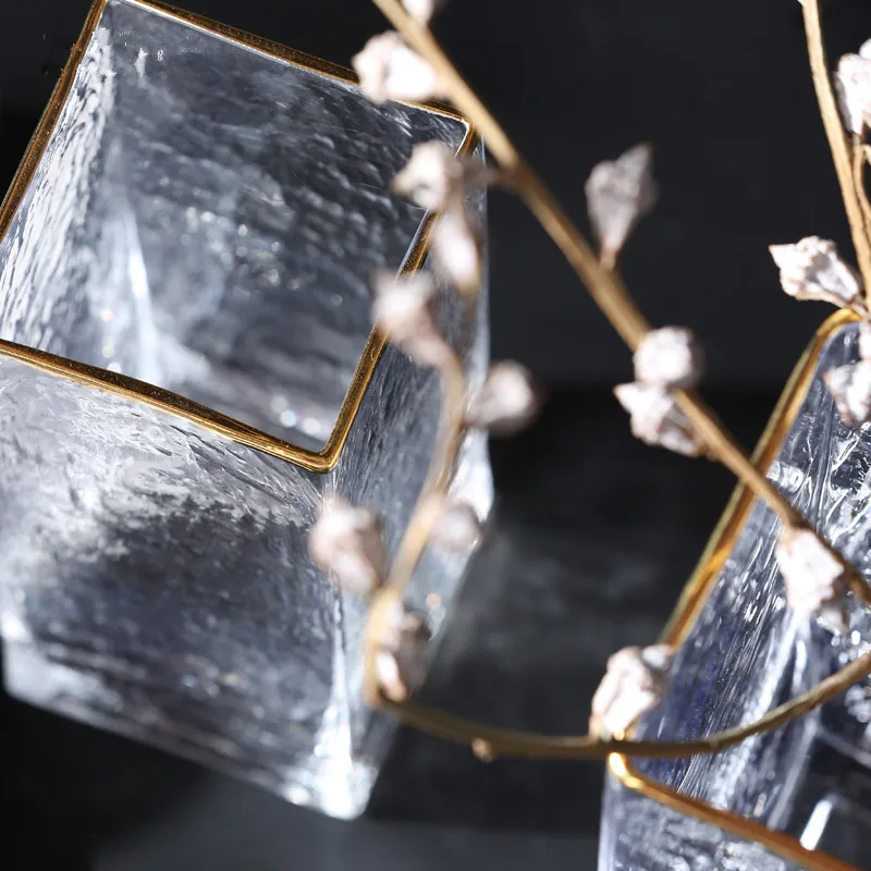 Ваза в скандинавском стиле прозрачная позолоченная стеклянная прямоугольная