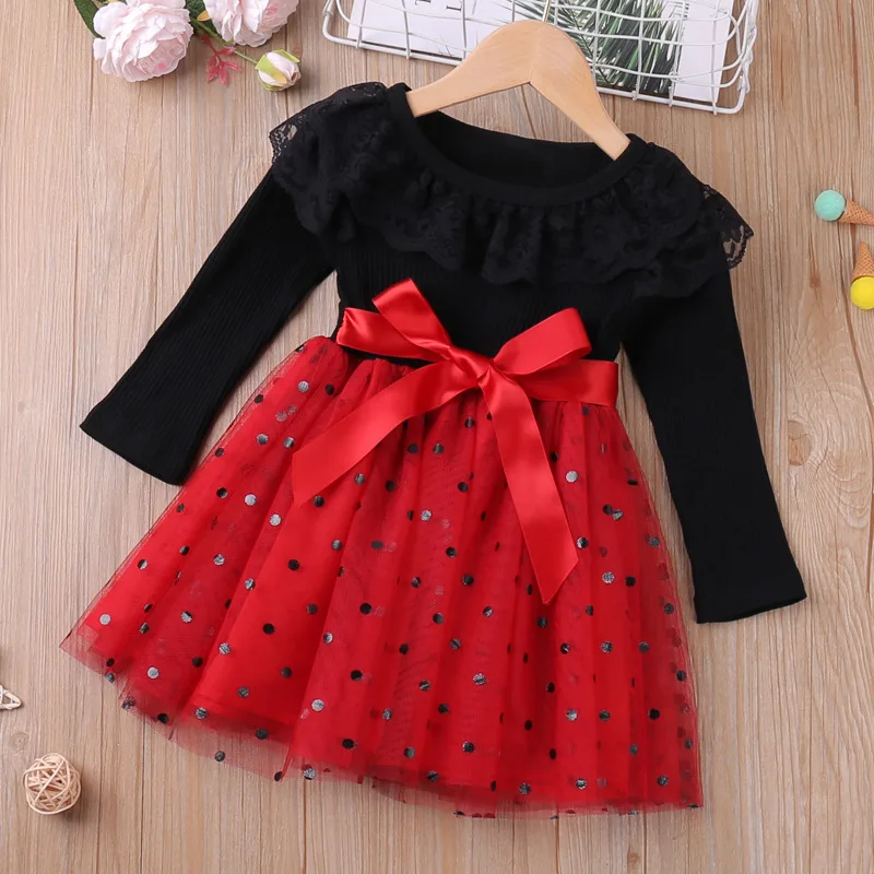 

Girls Long Sleeve Dress Kids Autumn Polka Dot Lace Collar Mesh Yarn Patchwork Princess Party Casual Vestidos Toddler Clothes