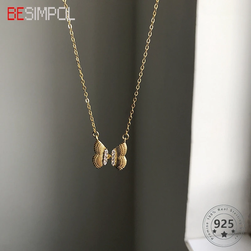 

Стильное ожерелье Besimpol из стерлингового серебра 925 пробы с кулоном в виде золотой бабочки из циркония ожерелье до ключиц для женщин модные ю...