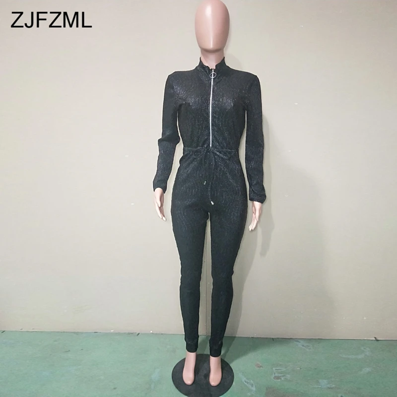 Женский комбинезон с длинным рукавом Bronzing черный цельный воротником стойкой