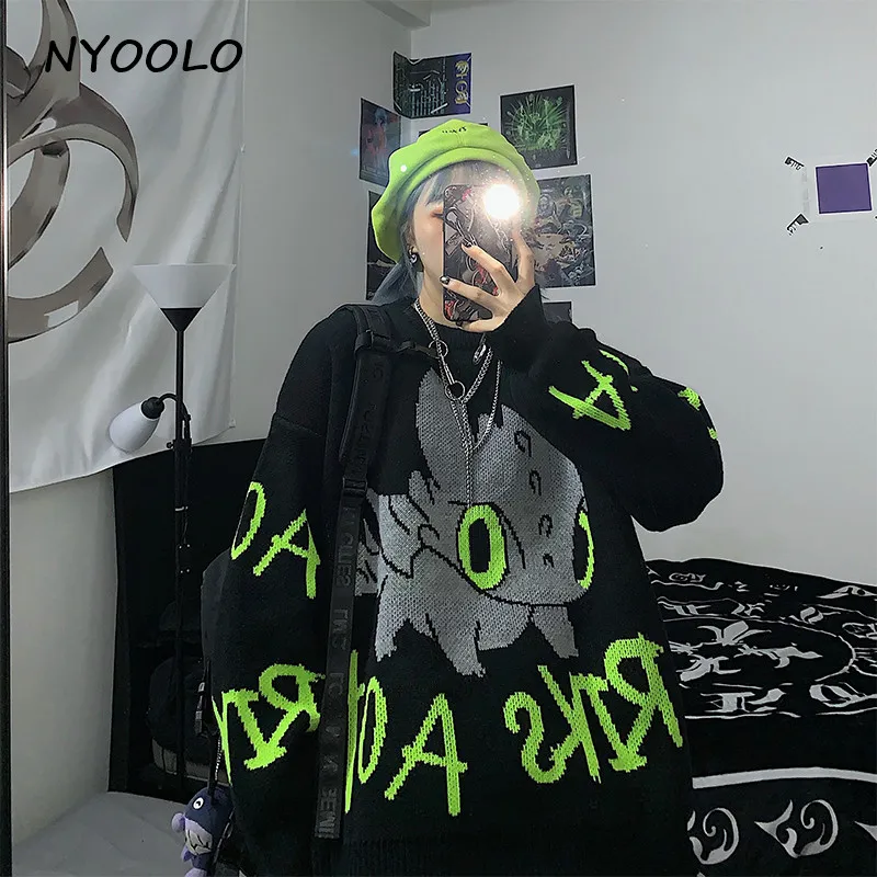 NYOOLO Harajuku Мультфильм Тритон моря буквы теплый вязаный свитер Осень Зима Свободный пуловер толстый свитер для женщин и мужчин