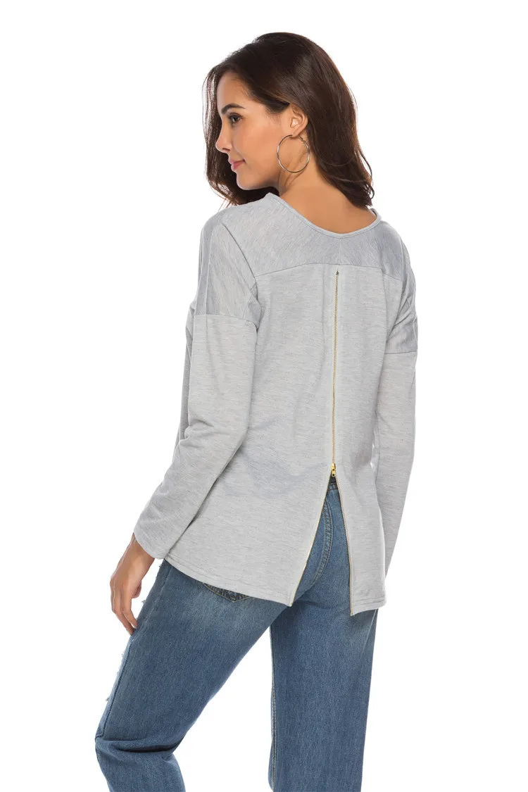 Женская футболка с круглым вырезом однотонная хлопковая на молнии длинными