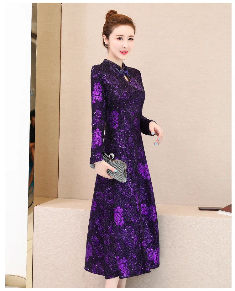 Осень Зима Новое поступление размера плюс M-3XL Ретро Cheongsam стоячий воротник жаккард длинный рукав женское длинное платье