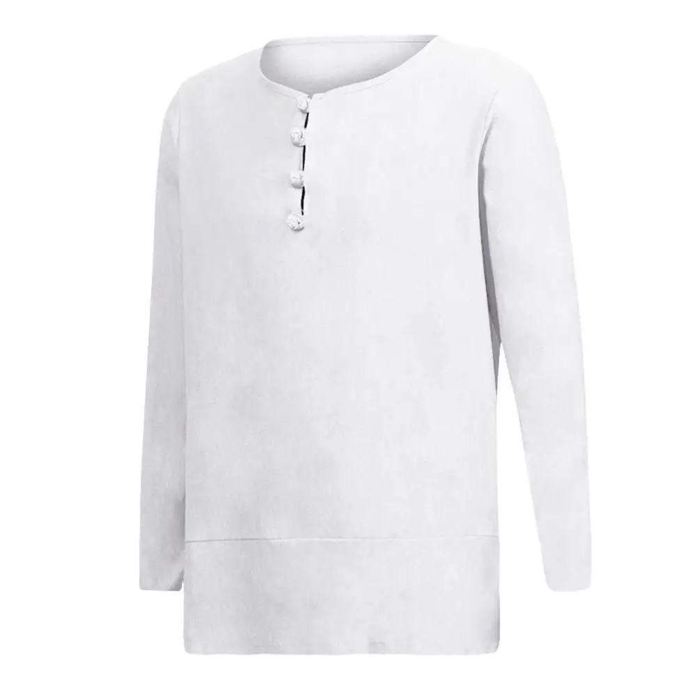 

Men Casual Solid Color Long Sleeve O Neck Buttons Cotton Loose Pullover Shirt