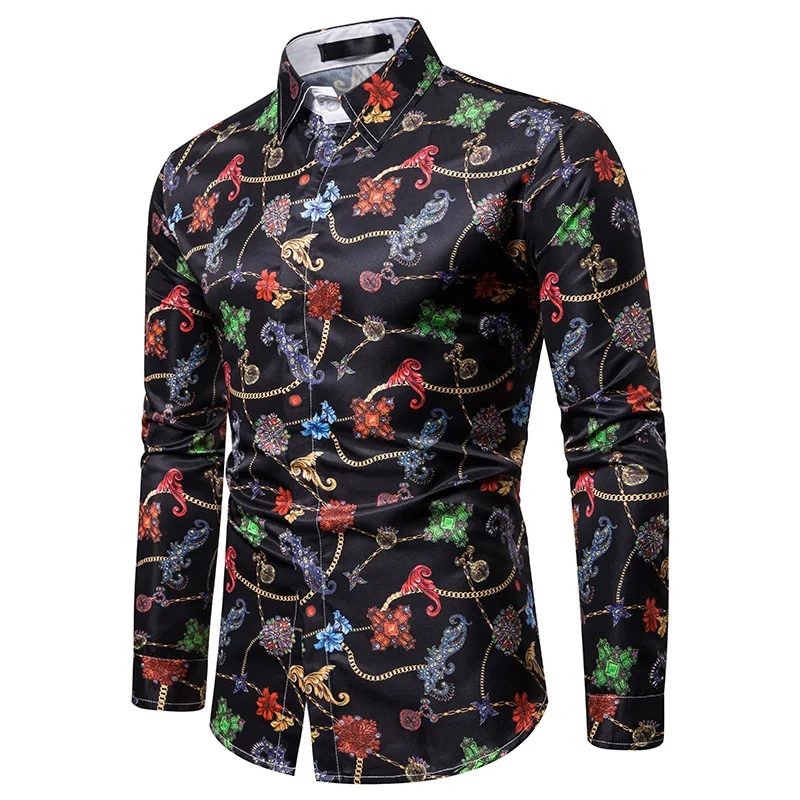 Luxury Royal Mens Shirts Casual Slim Fit Cross Gemstone Printed Long Sleeve Slim Fit Chemise Homme Men Prom Party Tuxedo Shirt