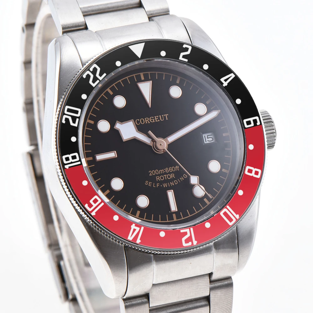 Corgeut 41 мм мужские спортивные сапфировое стекло черно красный 24 часовой спин