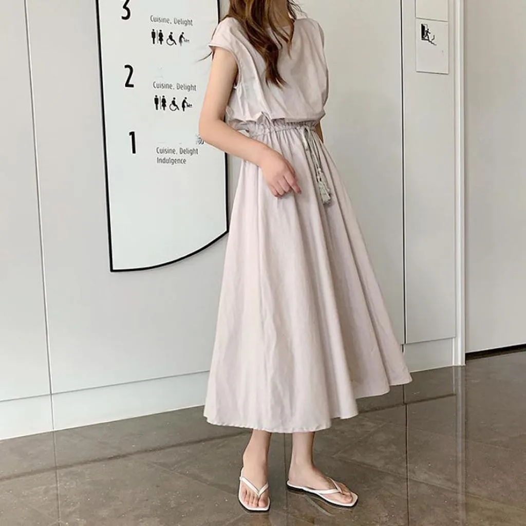 Женское Элегантное Длинное платье без рукавов повседневное однотонное с круглым