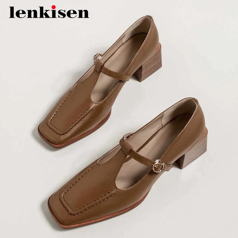 

Lenkisen vintage genuine leather three colors handmade square toe thick med heel buckle straps young girls noble women pumps L14