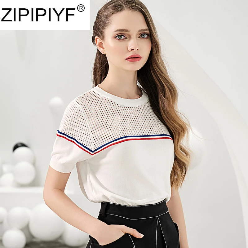 

Новинка лета 2020, Вязаная футболка с вырезами, модная женская повседневная одежда с короткими рукавами, C100