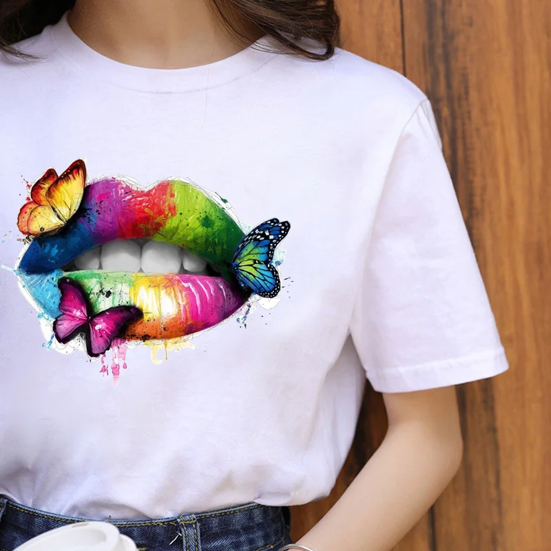

Lips Leopard Graphic T Shirt Women Summer Fashion T-shirt Tops Base O-neck Tees Kiss Leopard Lip Funny Girls Tshirt Clothes