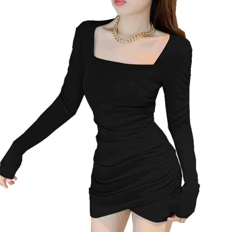 

Real Shot 2021 Spring Autumn New Style Square Neck Long Sleeve Tight Irregular Pleated Dress