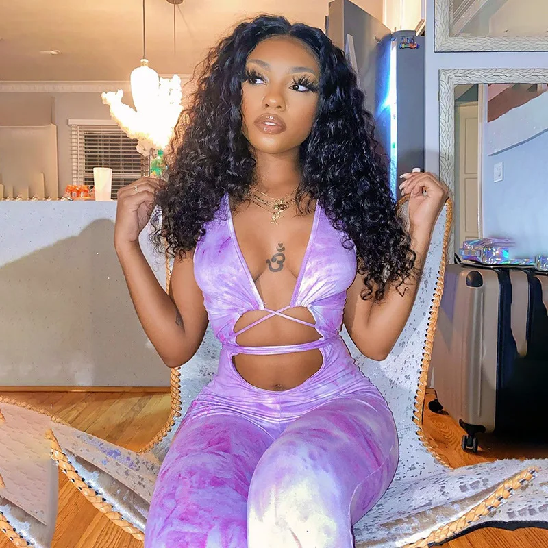 Tie Dyeing Print Jumpsuit Rompers 2021 Sexy Women Deep V-neck Hollow Long Pants Trousers Summer Sports Bodycon Jumpsuit Playsuit
