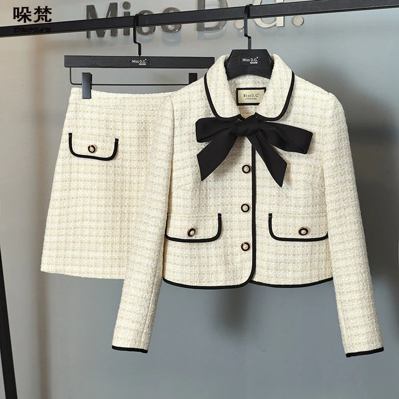 

DUOFAN Women's Office Suits Solid Turn-down Collar Bow Tweed Jacket and A-line Knee-length Midi Skirts Female 2 Piece Sets Women