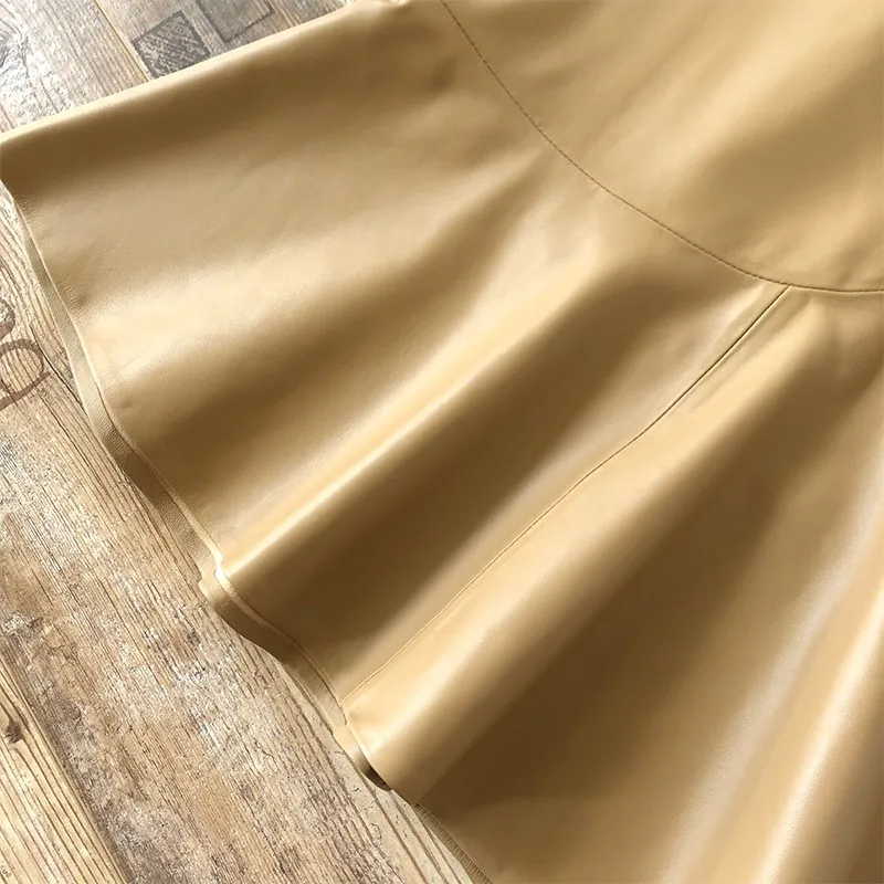 

New Women Wrap 2021 Leather Mermaid Mid Skirt Bodycon High Waist Sexy Office Ladies Khaki Ruffles Sheepskin Real Leather Skirts