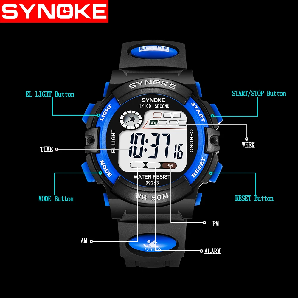 Часы наручные SYNOKE детские электронные водонепроницаемые спортивные с