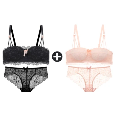 Black And Pink Sets 2 шт., бюстгальтеры для женщин, маленькая грудь, беспроводной бюстгальтер, кружевной бесшовный бюстгальтер с эффектом пуш-ап и трусики, набор, половина чашки, сексуальные трусы, нижнее белье - Цвет: Black And Pink Sets