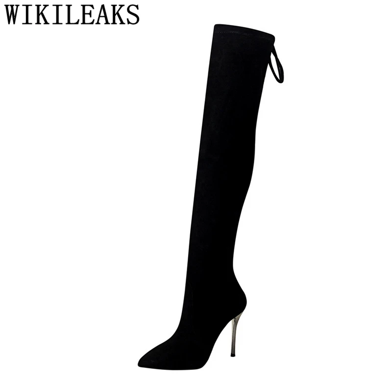 Сапоги выше колена Черные сапоги Женская обувь Пикантные на высоком каблуке