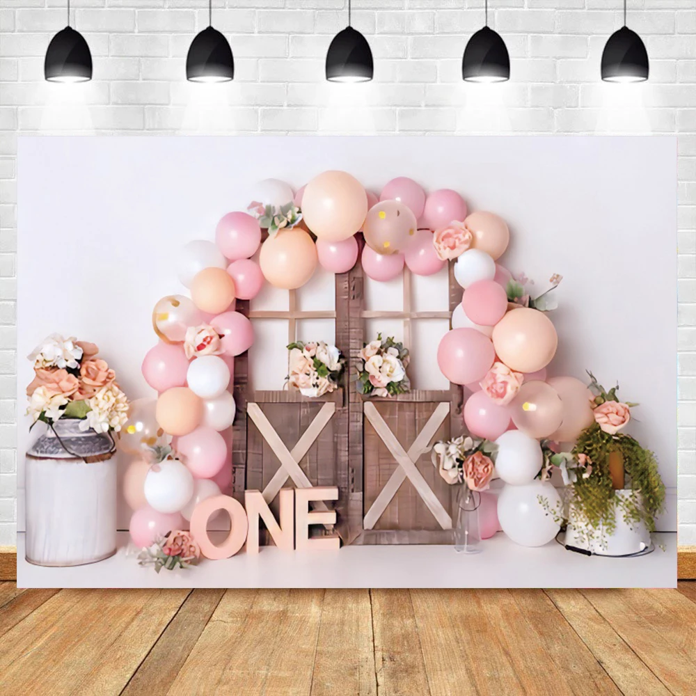 

Laeacco 1st Birthday Party Balloons Spring Blooming Flower Wood Door Baby Photography Background Photocall Photographic Backdrop