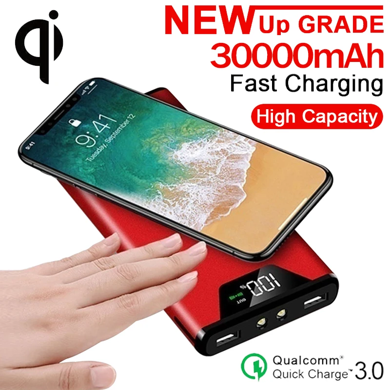 30000mAh зарядное устройство Qi Беспроводное Быстрая зарядка USB внешняя батарея