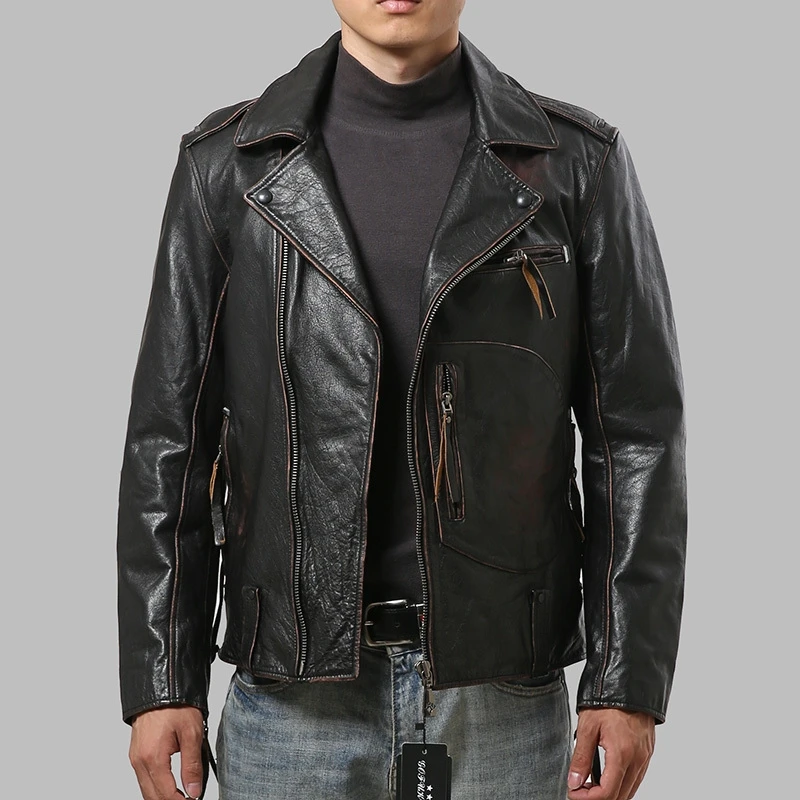 

Vintage Brown 2020 Men American Motorcycle Leather Jacket Plus Size XXXXXXL Genuine Cowhide Slim Fit Biker's Coat FREE SHIPPING