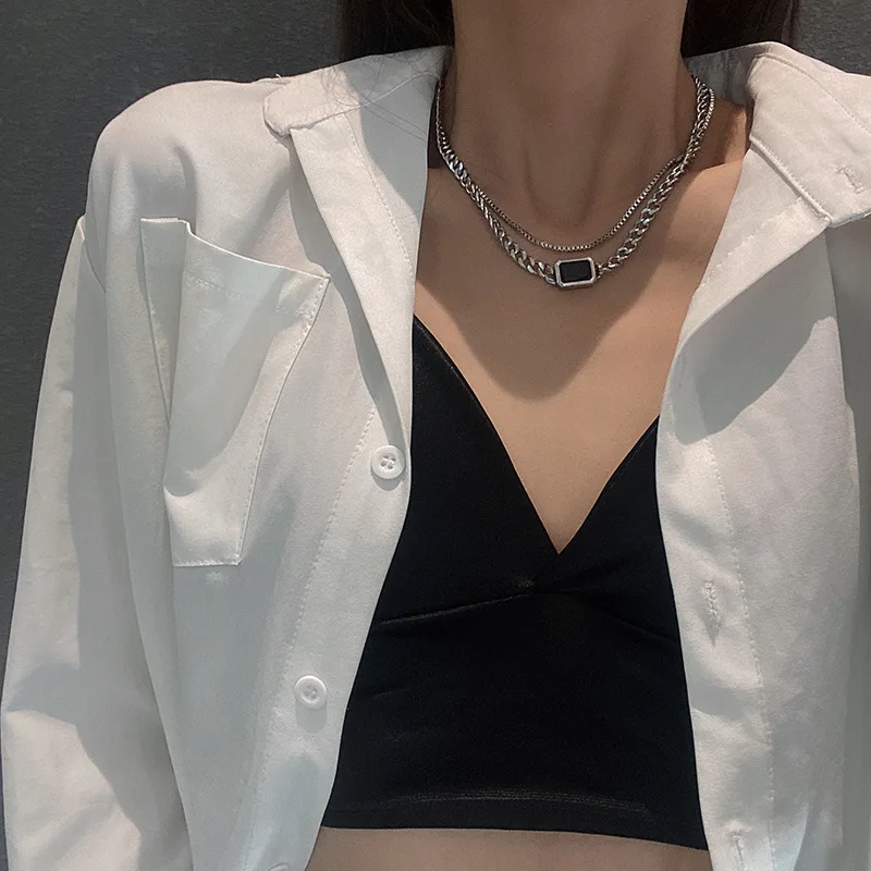 

Fashion Double Layer Geometric Pendant Necklace for Women Silver Color Stainless Steel Choker Necklaces Jewelry Gift Accessories