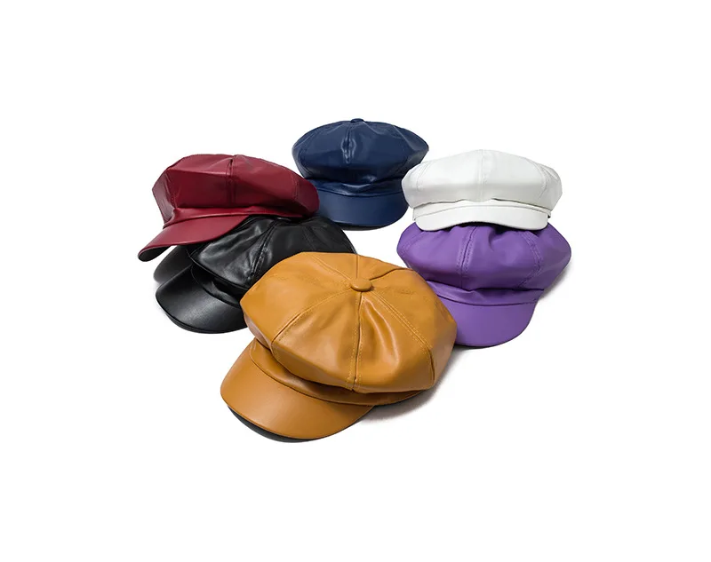 

Cortical Octagonal Hat Female Autumn British Tidal Japanese Korean Autumn Winter Fashionable Fake Leather Duck Beret Cap