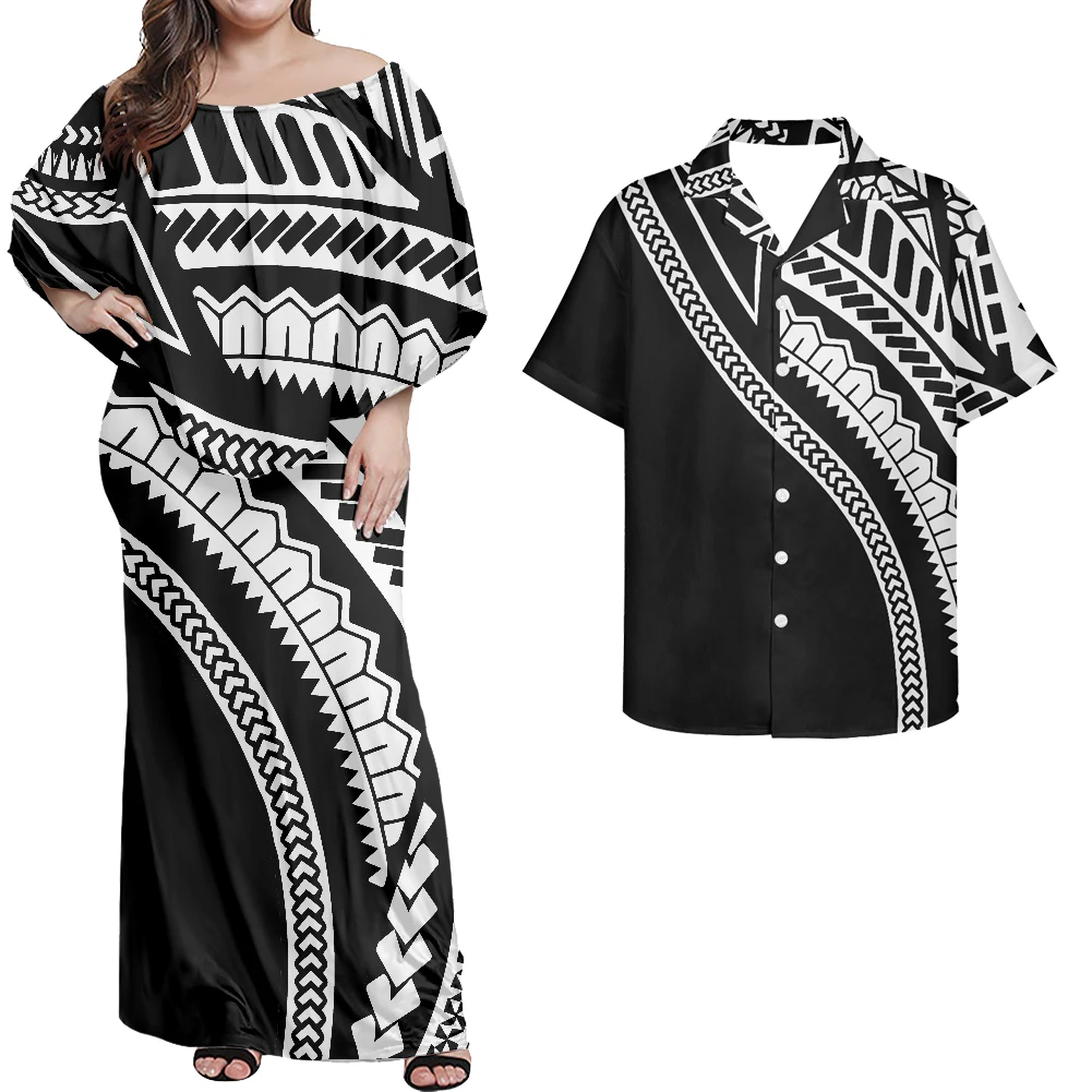 

HYCOOL Dropshipping Samoan Black Dress Polynesian Tribal Plus Size Couple Clothes Casual Summer Off Shoulder Dress Women Elegant