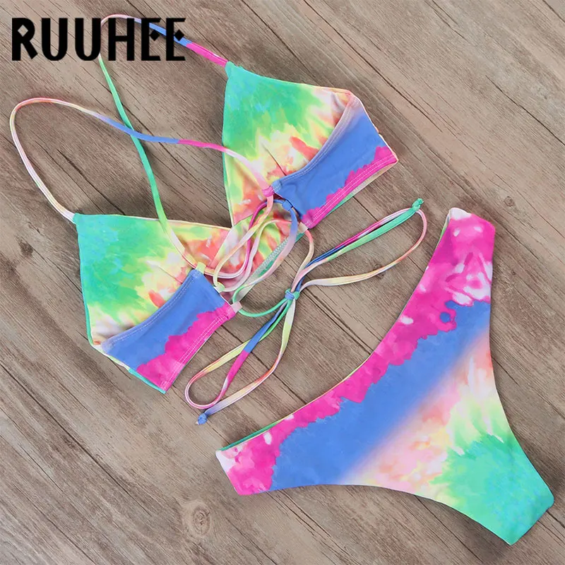 RUUHEE Tie Dye бикини, женский купальник, пуш-ап, купальник с принтом динозавра, купальник, бандаж, сексуальный летний купальник для женщин