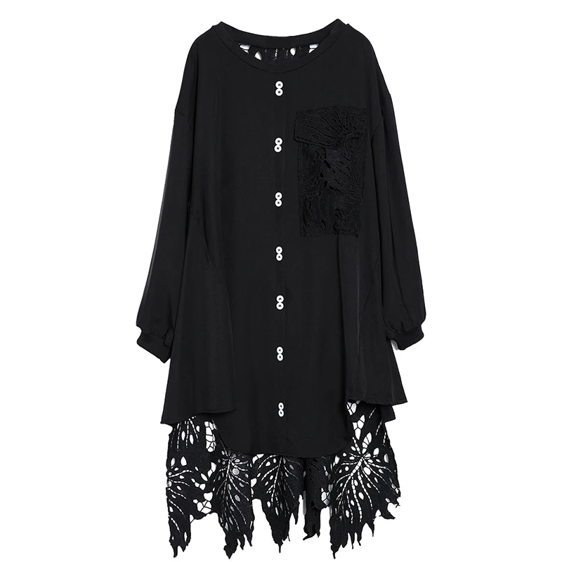 

[XITAO] Korea Fashion New Women 2018 Autumn O-neck Full Sleeve Loose Dress Female Hollow Out Casual Mid-calf Dress LJT3872