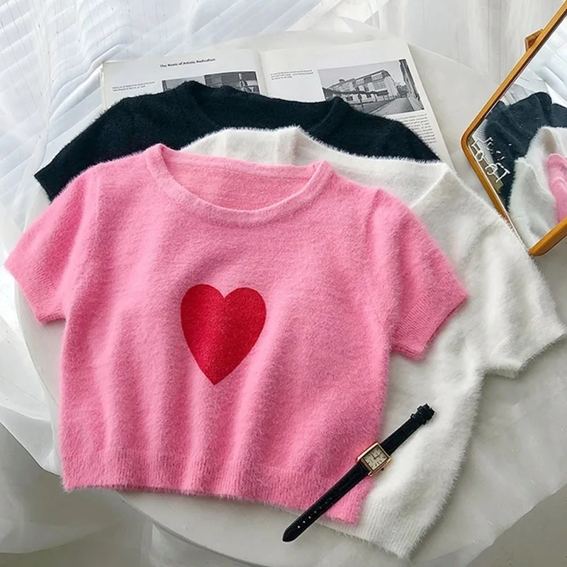 

Французская нежная приталенная трикотажная футболка в стиле ретро, женские укороченные топы с круглым вырезом, футболка с коротким рукавом...