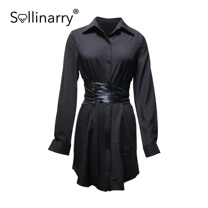 

Sollinary 2021 Lace up solid color shirts dress Sexy long sleeve V-neck high waist mini dress Fashion tunic dress office lady