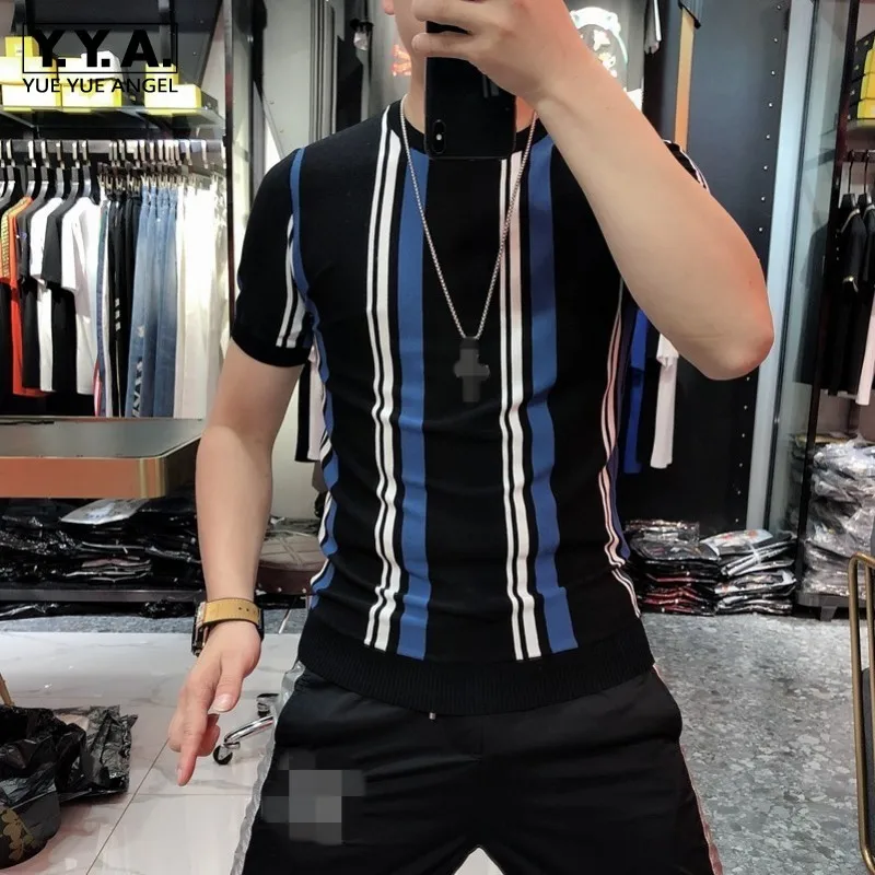 

Мужская кофта с коротким рукавом 2021 Лето Новинка, круглый вырез, топ в полоску уличная мода Slim Fit пуловер вязаный свитер размера плюс 4XL
