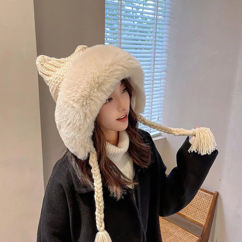 

Coldproof Casual Handmade Cat Ears White Fluffy Edge Girls Beanie Cap Winter Knitted Hat Fashion Accessories