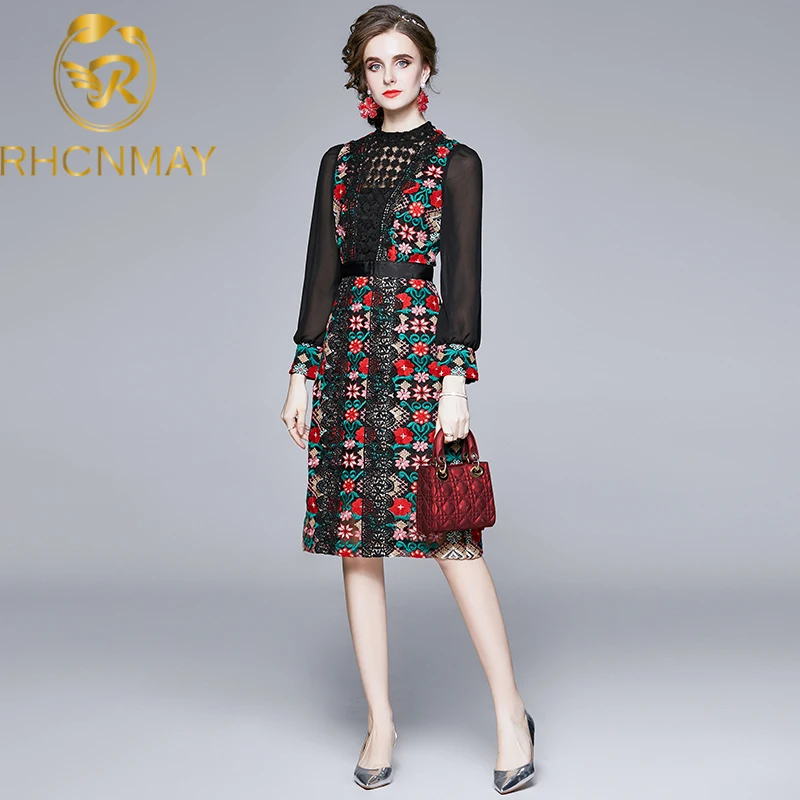 

Runway Spring Top Quality 2020 Autumn Party Events Women Stand Neck Hollow Out Lace Embroidery Long Sleeve Bodycon Vintage Dress