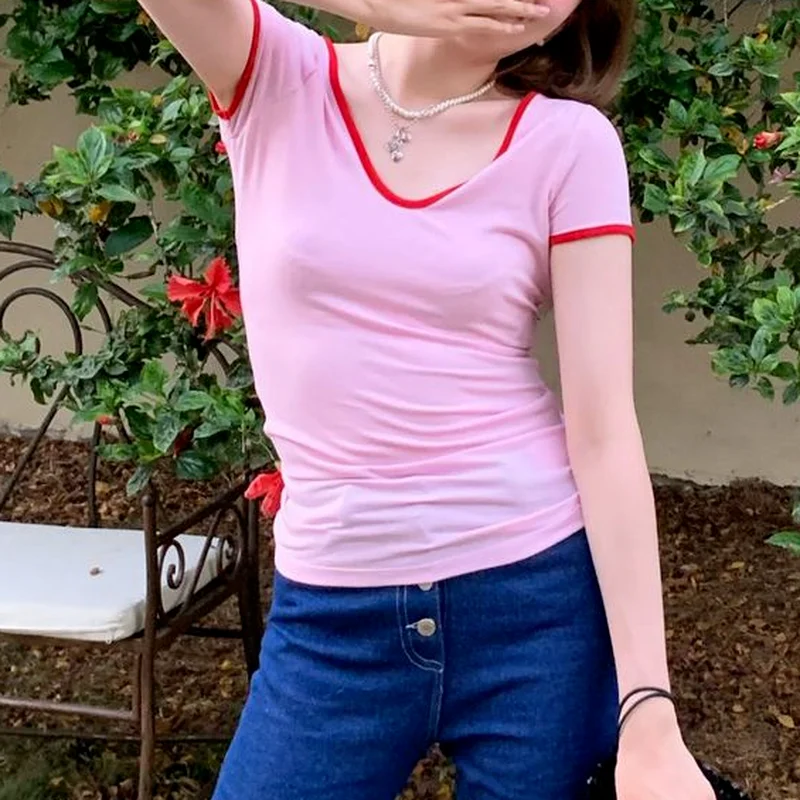 

Sweet Fashion V-neck Bottoming T-shirts Casual Korean Fashion Slim Thin Inner Short Sleeve Tops 2021 Summer Clothes for Women