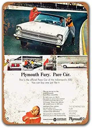 

Wall Decor 1965 Plymouth Fury Pace Car Indianapolis 500 Car Tin Signs Vintage Metal Bar Poster Pub Restaurant Dorm 12x16 inches