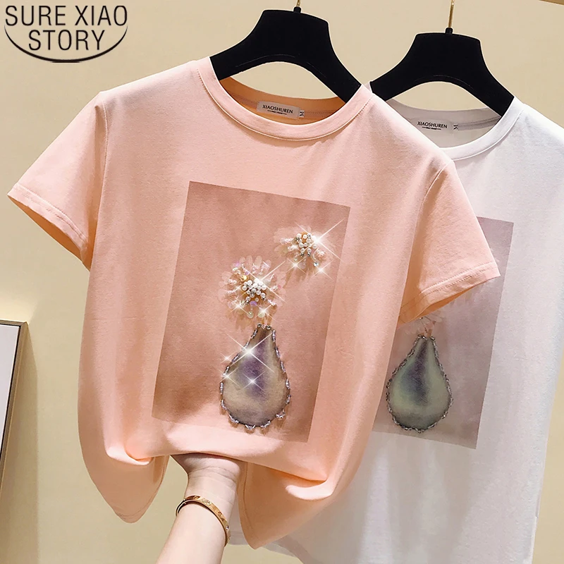 

Cotton Women T Shirt 2022Summer Sweet Short Sleeve Tops Casual Loose Beaded Print T-shirt O-neck Pink Clothes Shirts New 9639